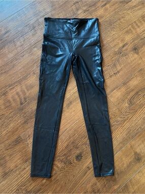 SPANX Black Faux Leather Leggings L Large Pants